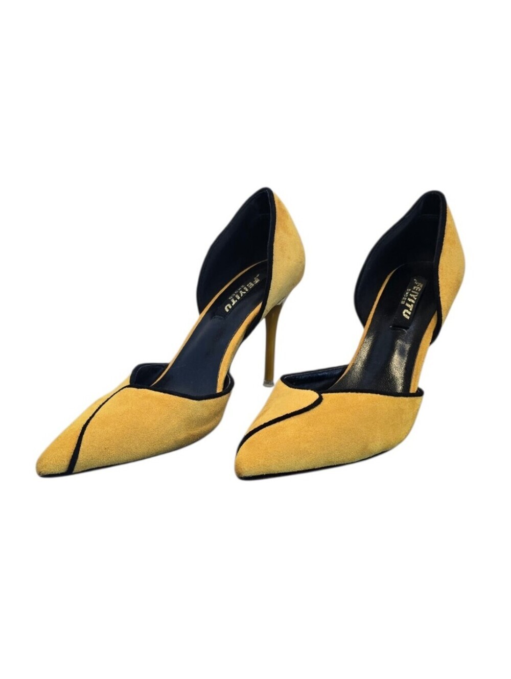 Feiyitu Yellow Black Suede High Heels 6.5